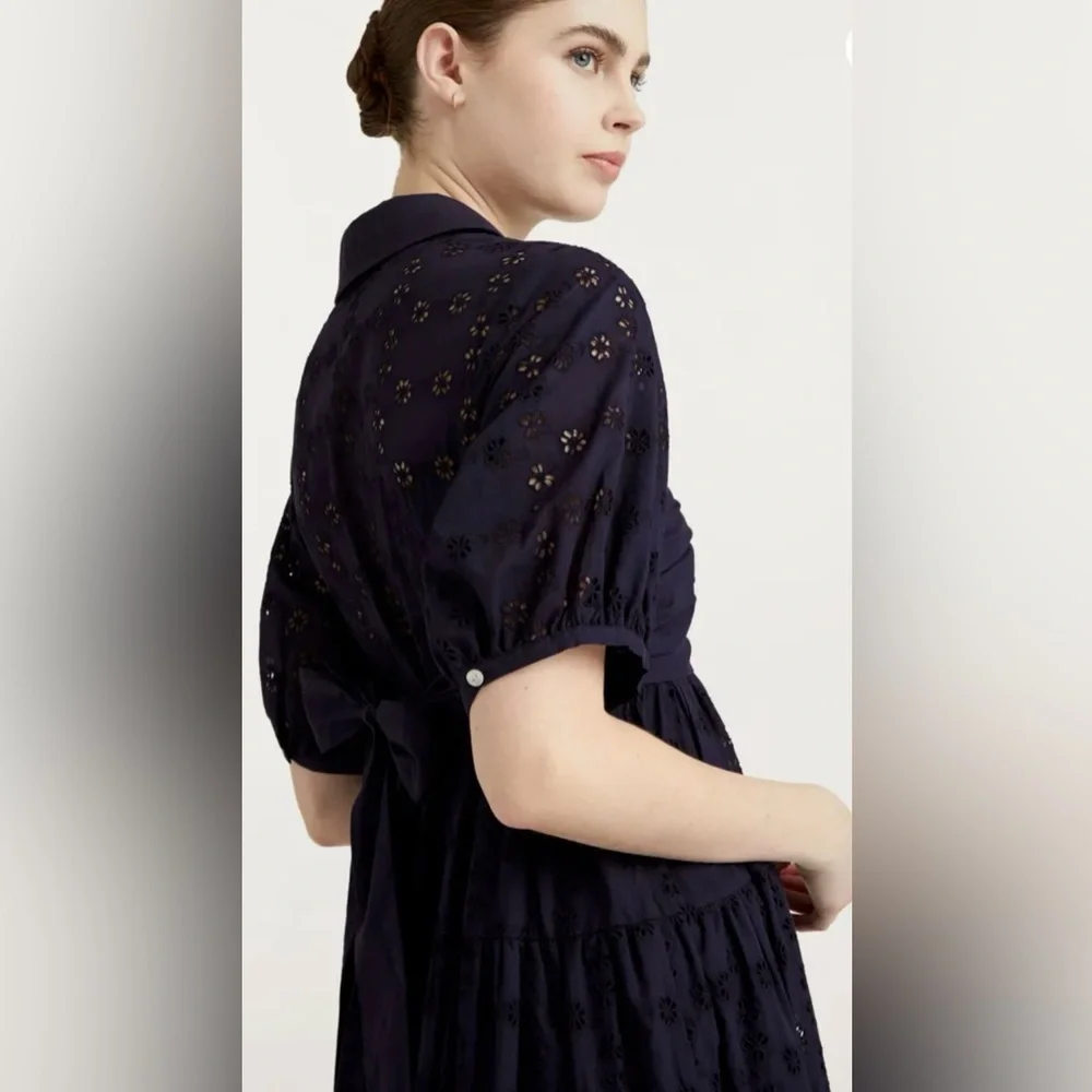 Cinq a Sept NWT‎ Alexie Dress 100% Cotton Navy Eyelet Lace Tie Mini Dress Size 8